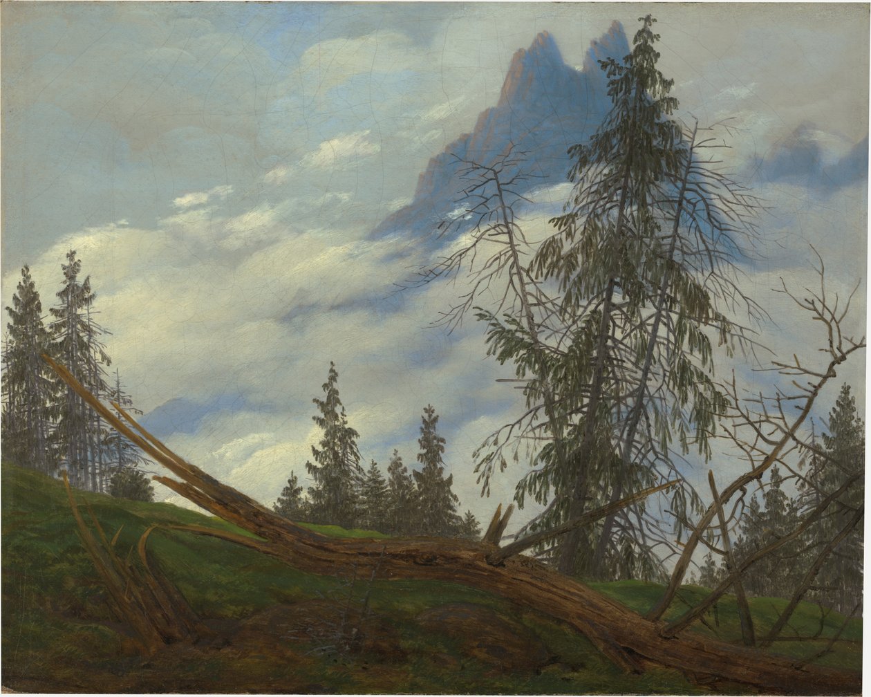 Cima de una montaña con nubes que se desplazan de Caspar David Friedrich