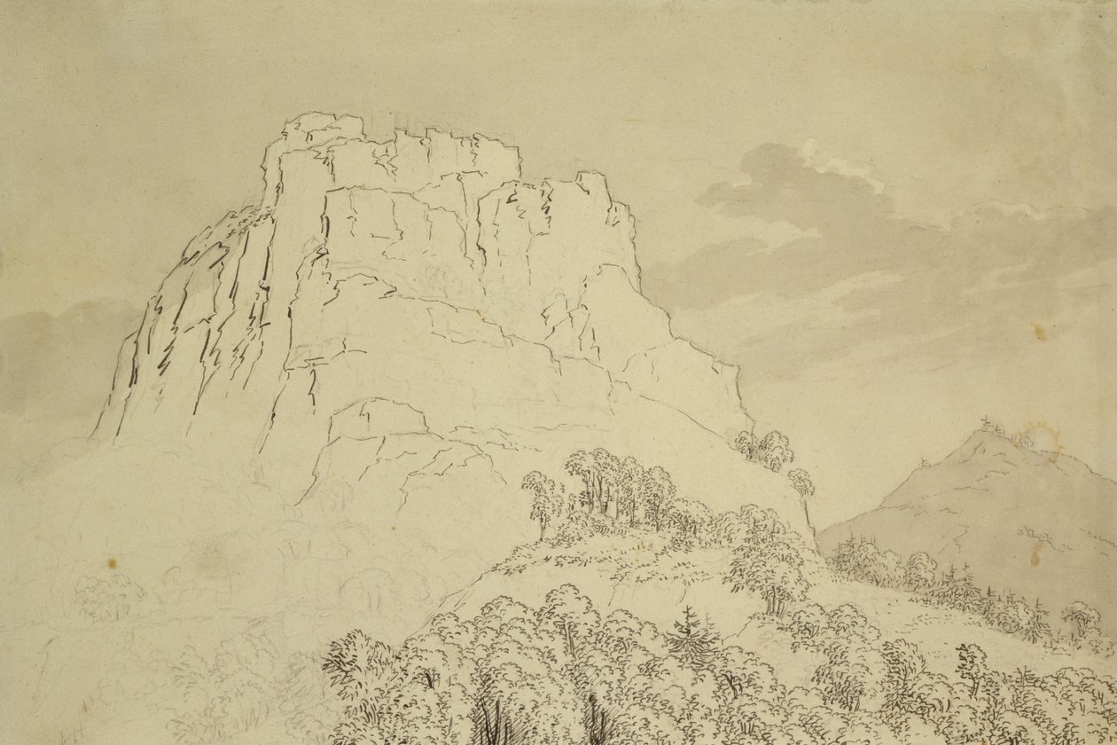 Cima Rocosa con una Colina Boscosa al frente de Caspar David Friedrich
