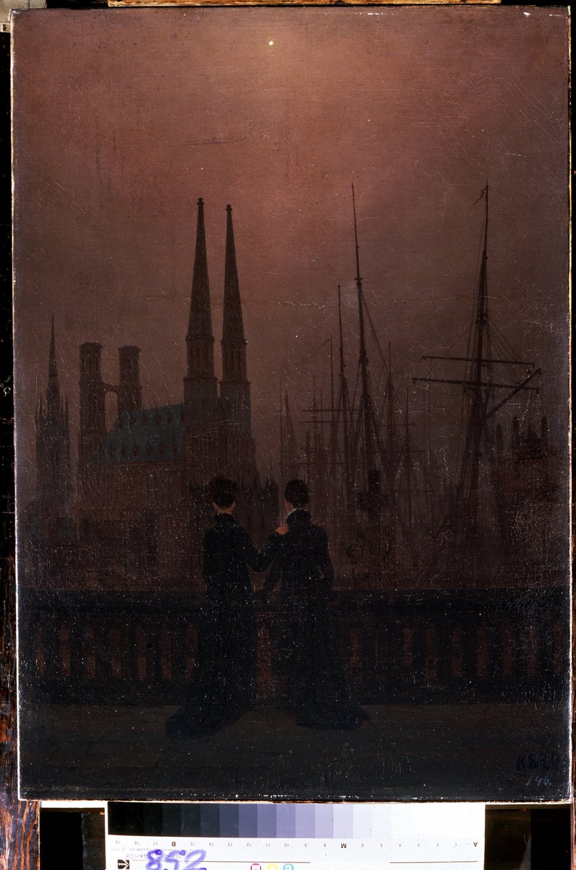 ""Tarde en el puerto o las hermanas"" (Noche en un puerto (Hermanas)) Pintura de Caspar David Friedrich (1774-1840) 1818-1820 Dim. 74x52 cm Museo del Hermitage, San Petersburgo de Caspar David Friedrich