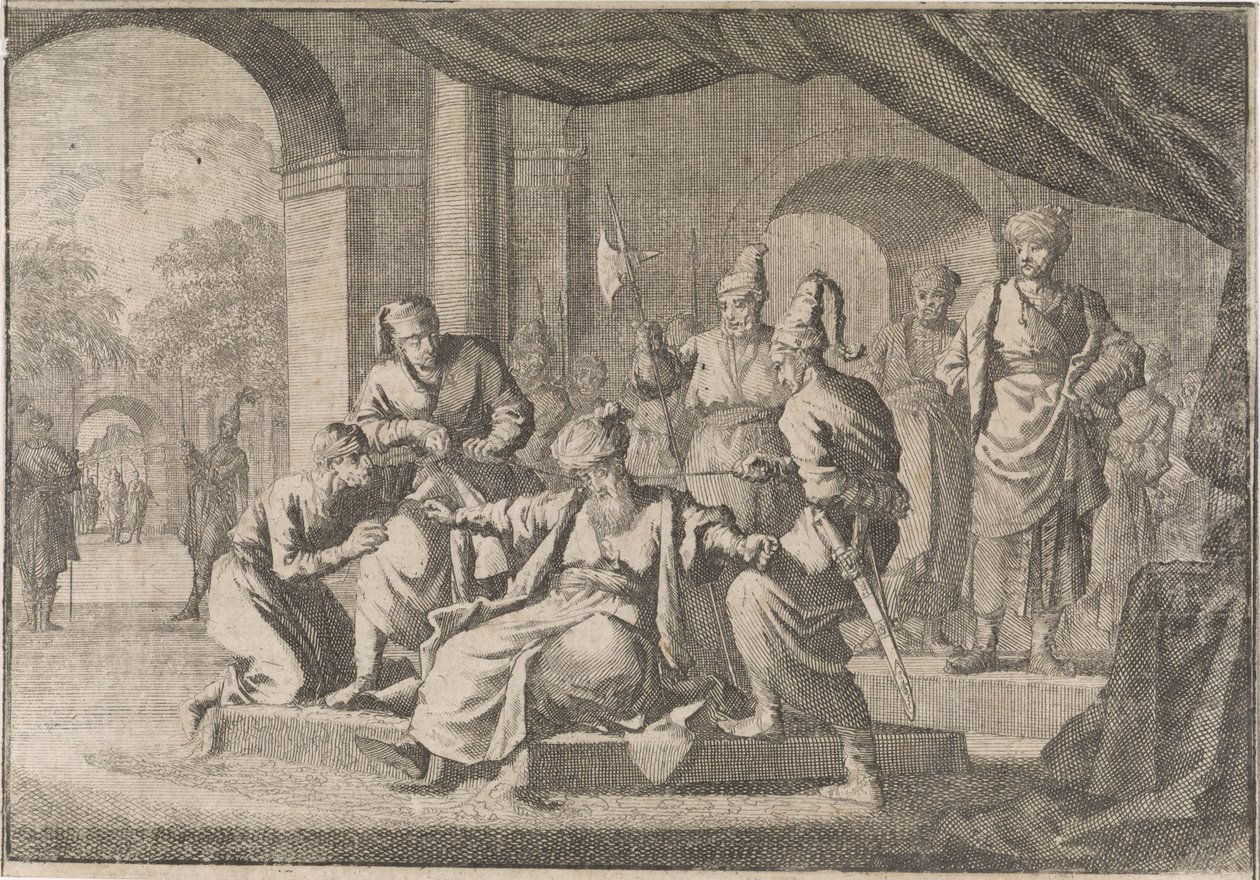 Mustafa, sobrino del sultán Murat IV, es estrangulado por orden suya, 1639 de Caspar Luyken (attributed to)