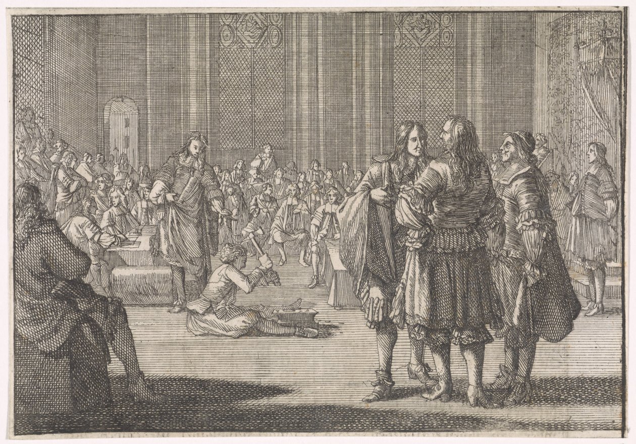 Sello imperial de Inglaterra siendo aplastado en la Cámara de los Lores, 1646 de Caspar Luyken (attributed to)