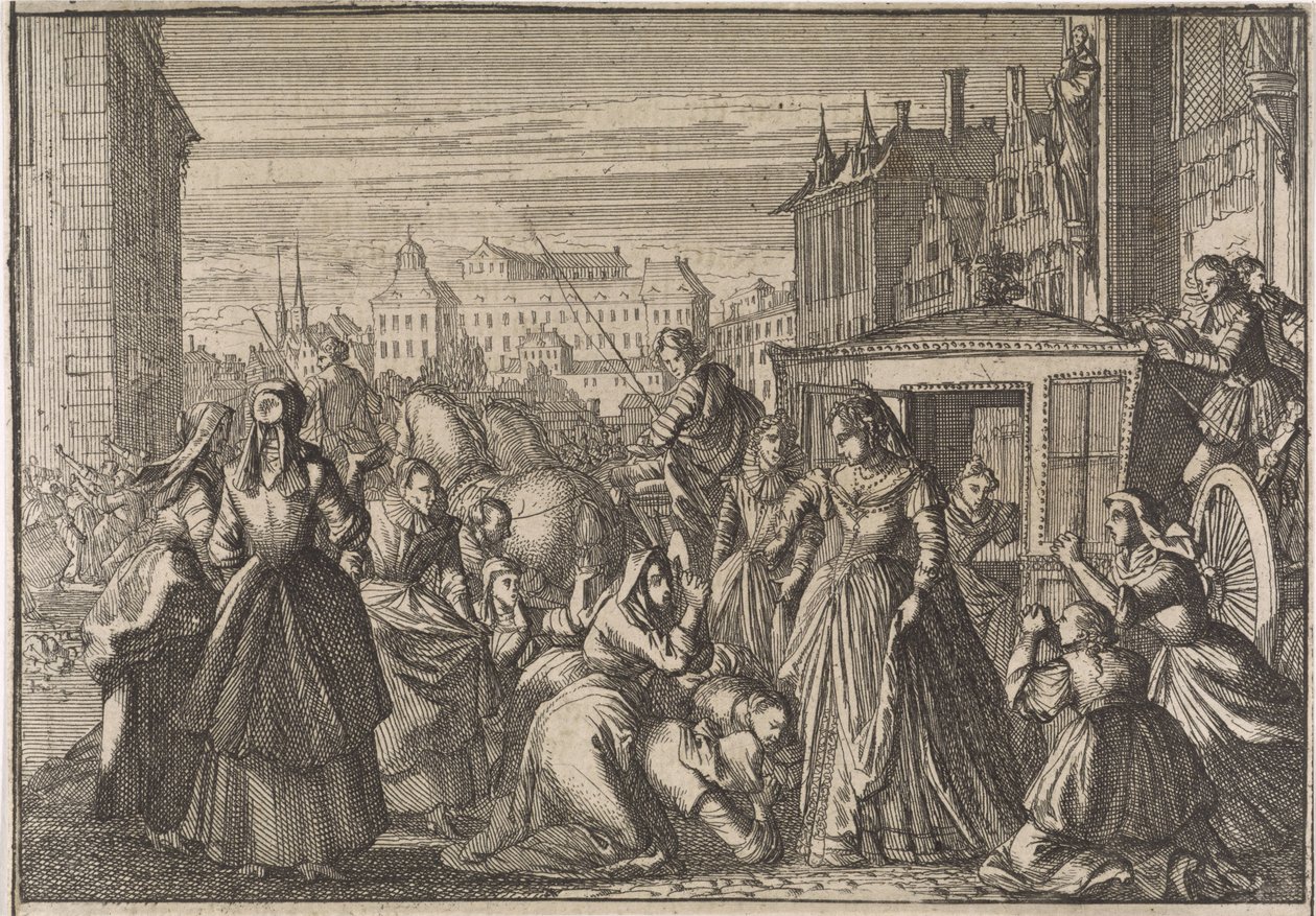 Mujeres arrodilladas ante la reina Ana en París, rogándole que reduzca los impuestos, 1645 de Caspar Luyken (attributed to)