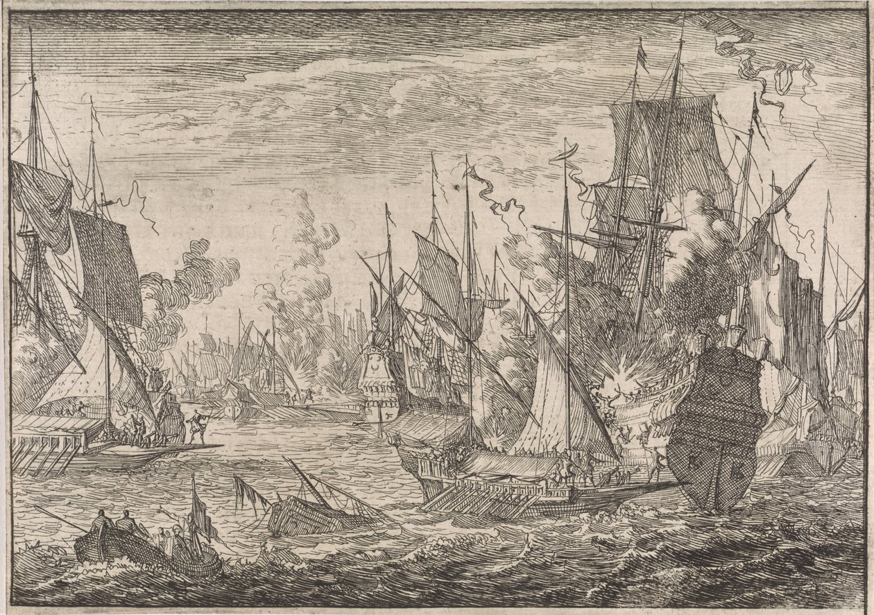 Batalla naval entre buques de guerra turcos y galeras de los Caballeros de Malta, 1644 de Caspar Luyken (attributed to)