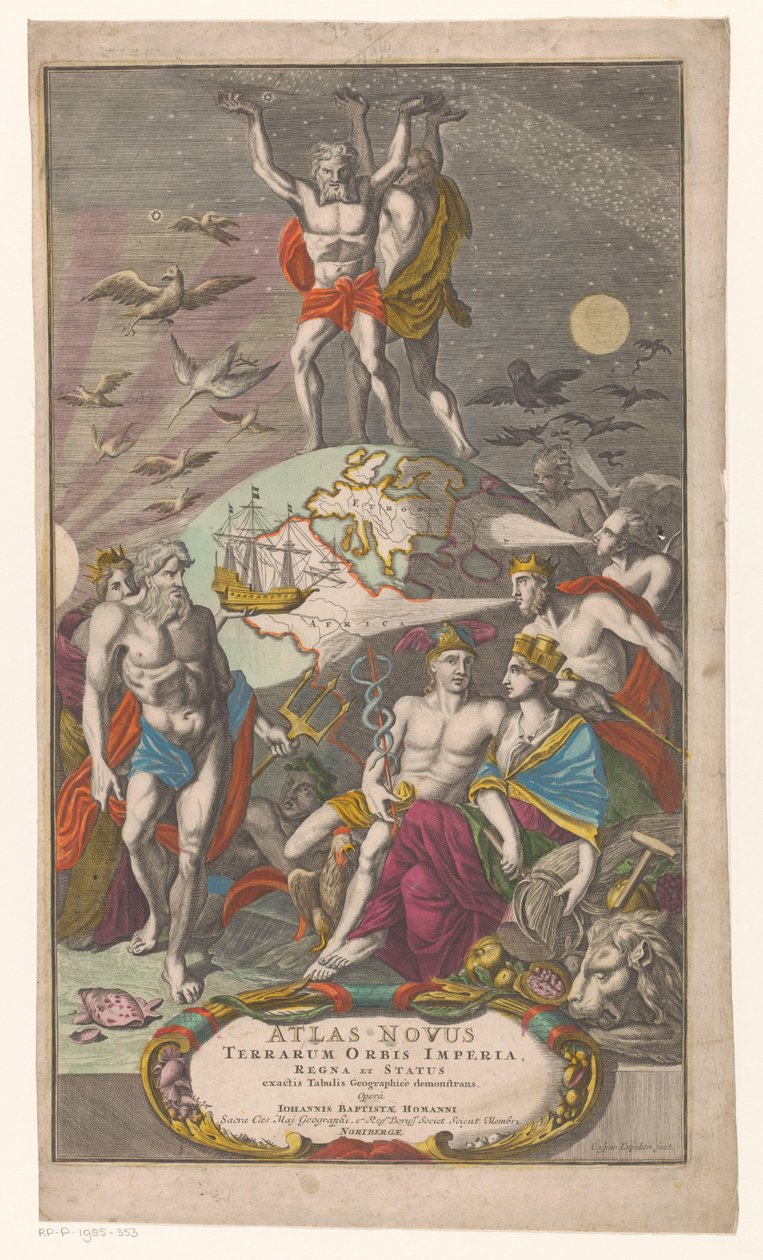 Atlas y Hércules llevan cielos estrellados
Portada de: Johann Baptista Homan, Atlas Novus Terrarum Orbis Imperia, Regna et Status exactis Tabulis Geographicè demonstrans, 1710 de Caspar Luyken