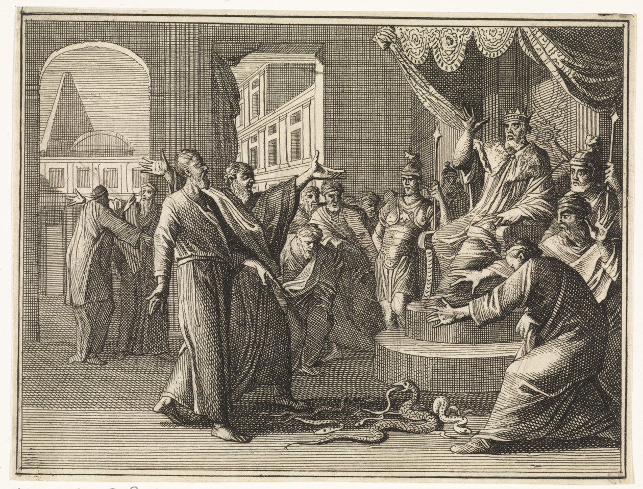 El bastón de Moisés, convertido en serpiente, devora los de los magos egipcios de Caspar Luyken