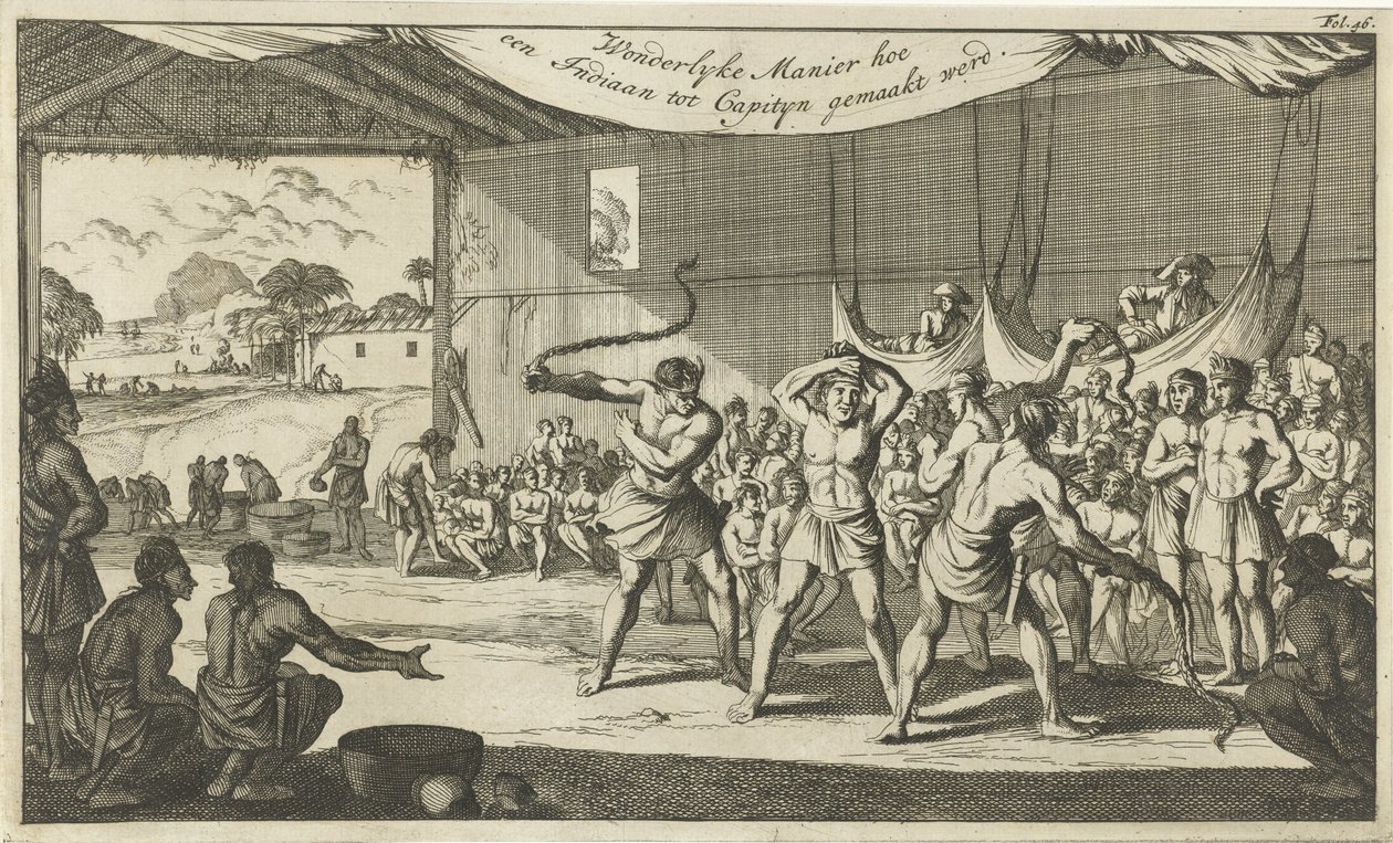 Ritual de transición entre habitantes nativos de América del Sur Maravillosa manera de hacer de un indio un capityn (título sobre el objeto) de Caspar Luyken