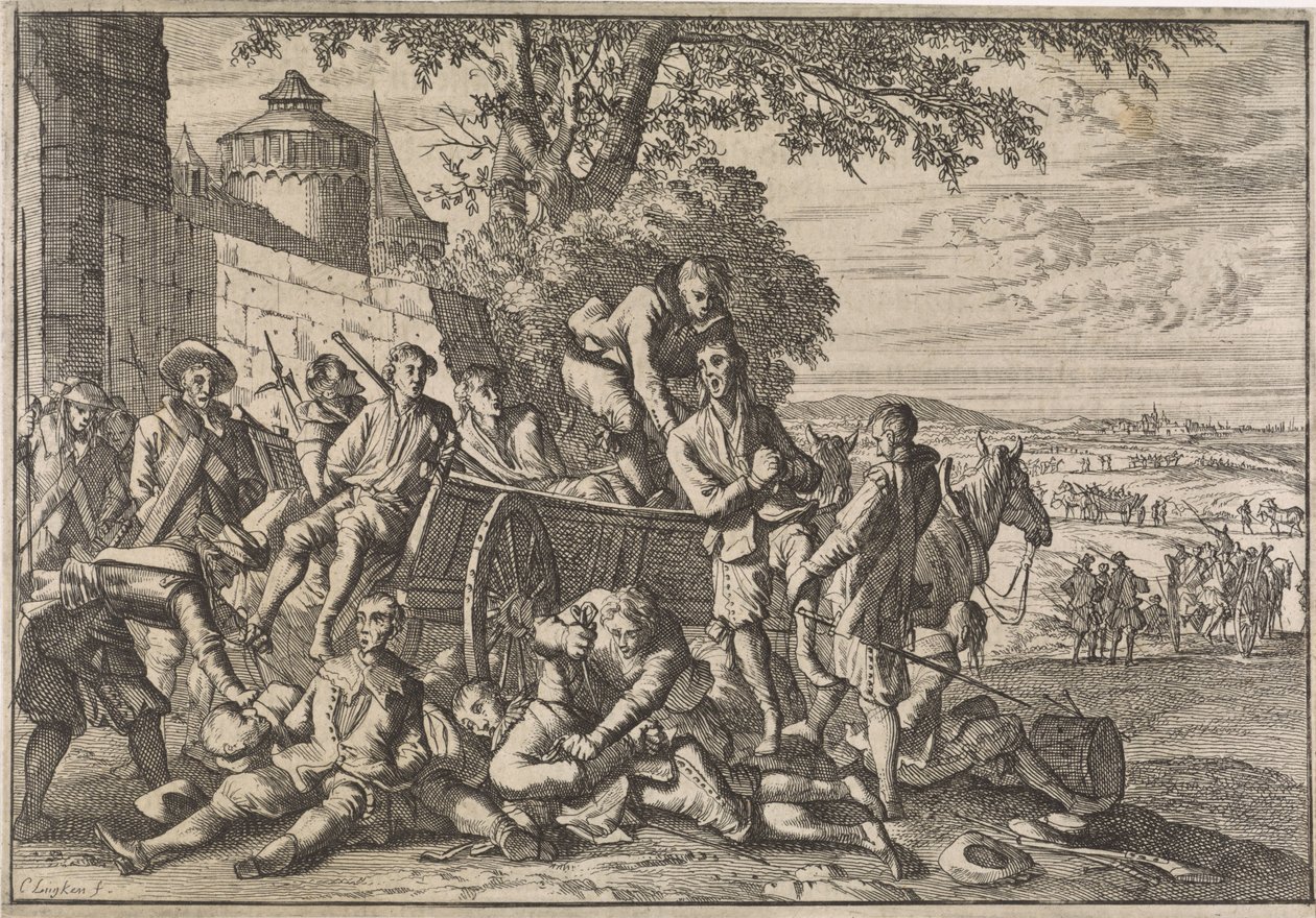 Los soldados españoles son cargados en carros y llevados, 1641 de Caspar Luyken