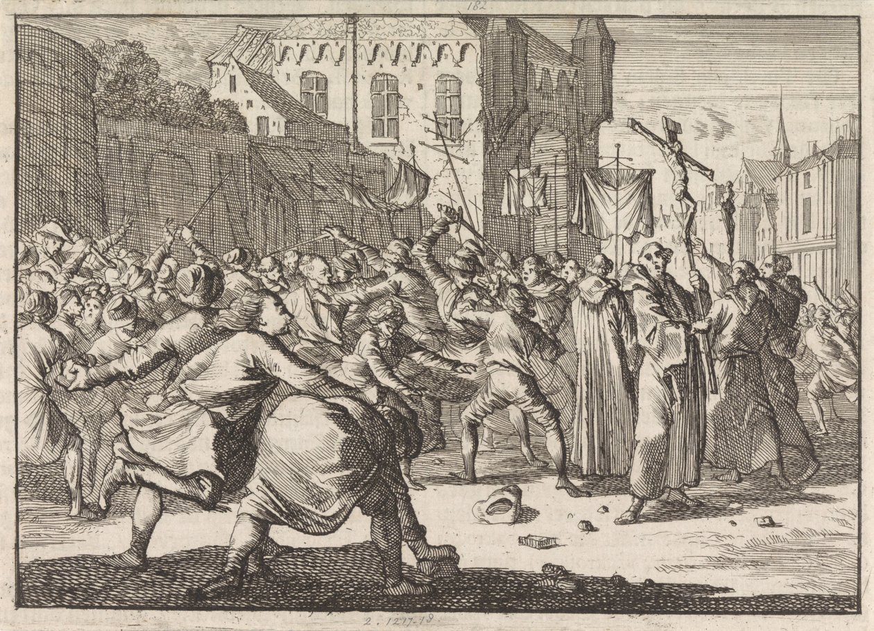En Danzig, una procesión es recibida por el pueblo con escalones de piedra, 1678 de Caspar Luyken