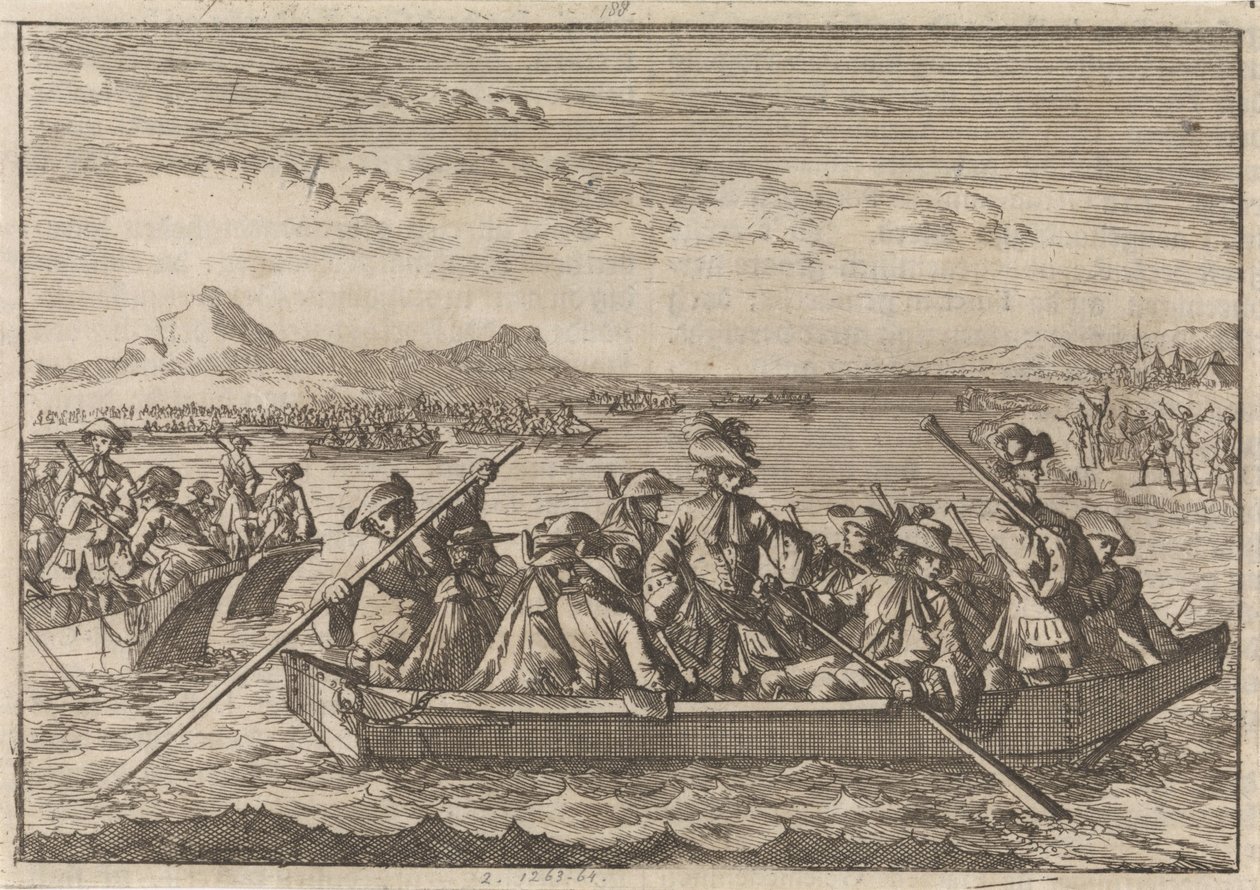 Los valdenses expulsados ​​​​de Saboya regresan a su país en barcazas a través del lago de Ginebra, 1689 de Caspar Luyken