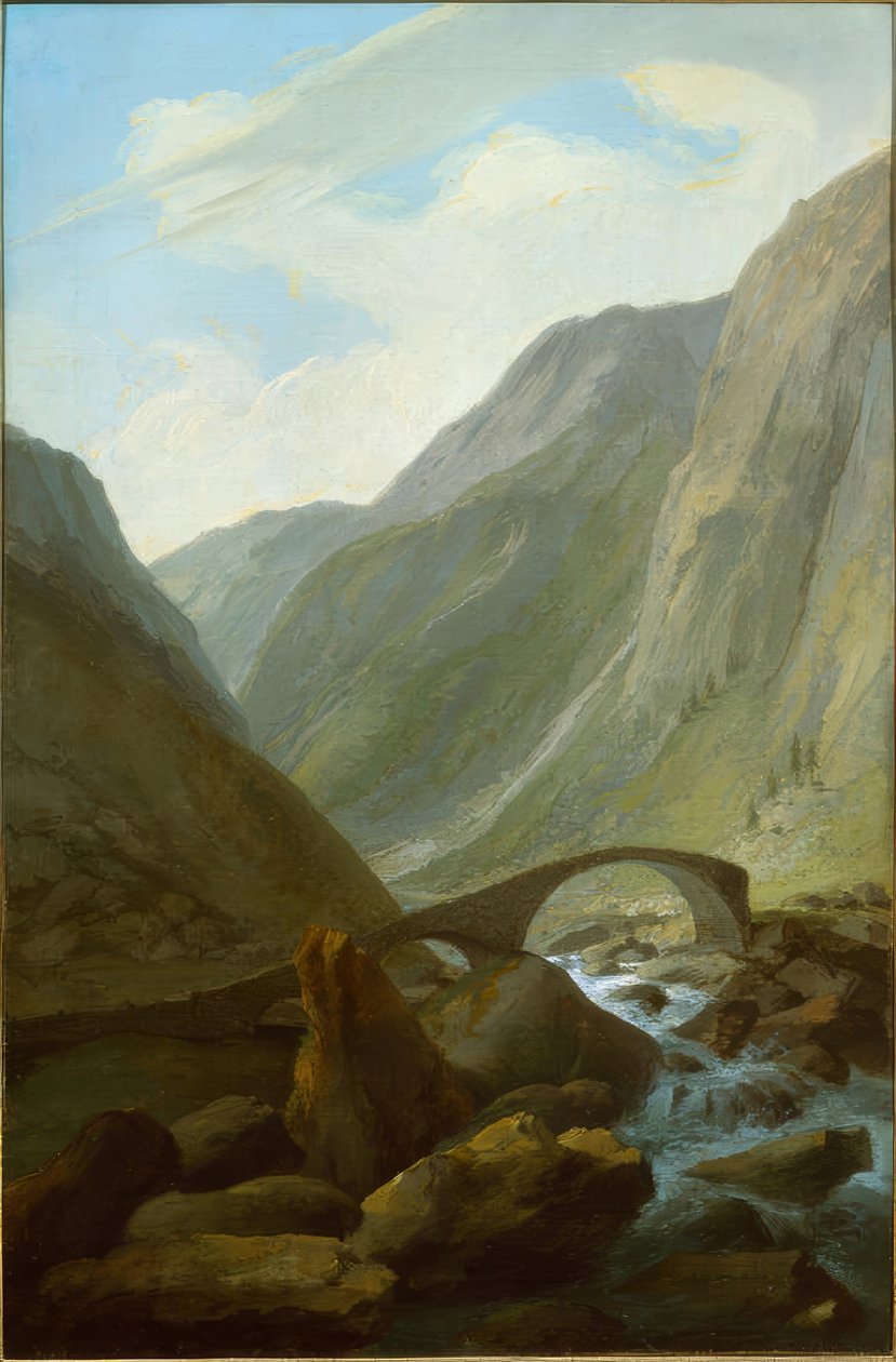 Valle alpino con puente de piedra de Caspar Wolf
