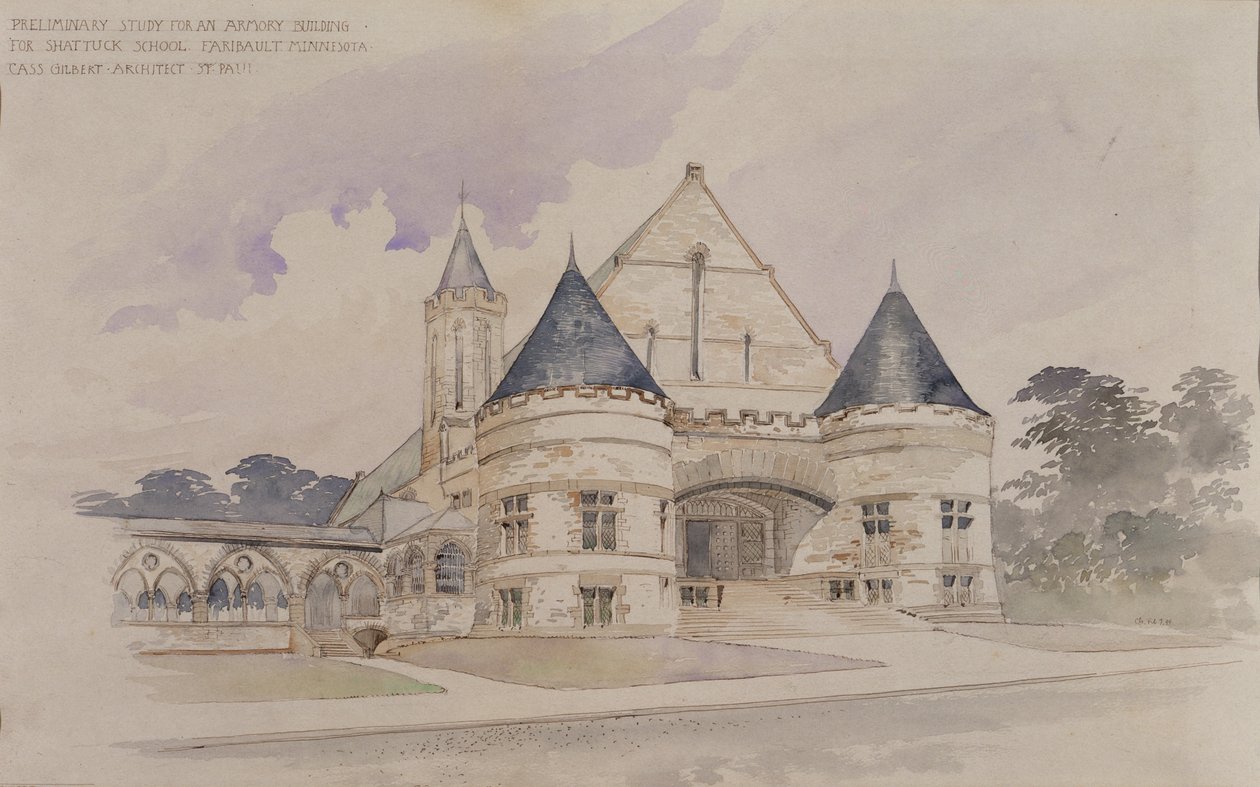 Estudio preliminar para un edificio de armería para la escuela Shattuck, Faribault, Minnesota de Cass Gilbert
