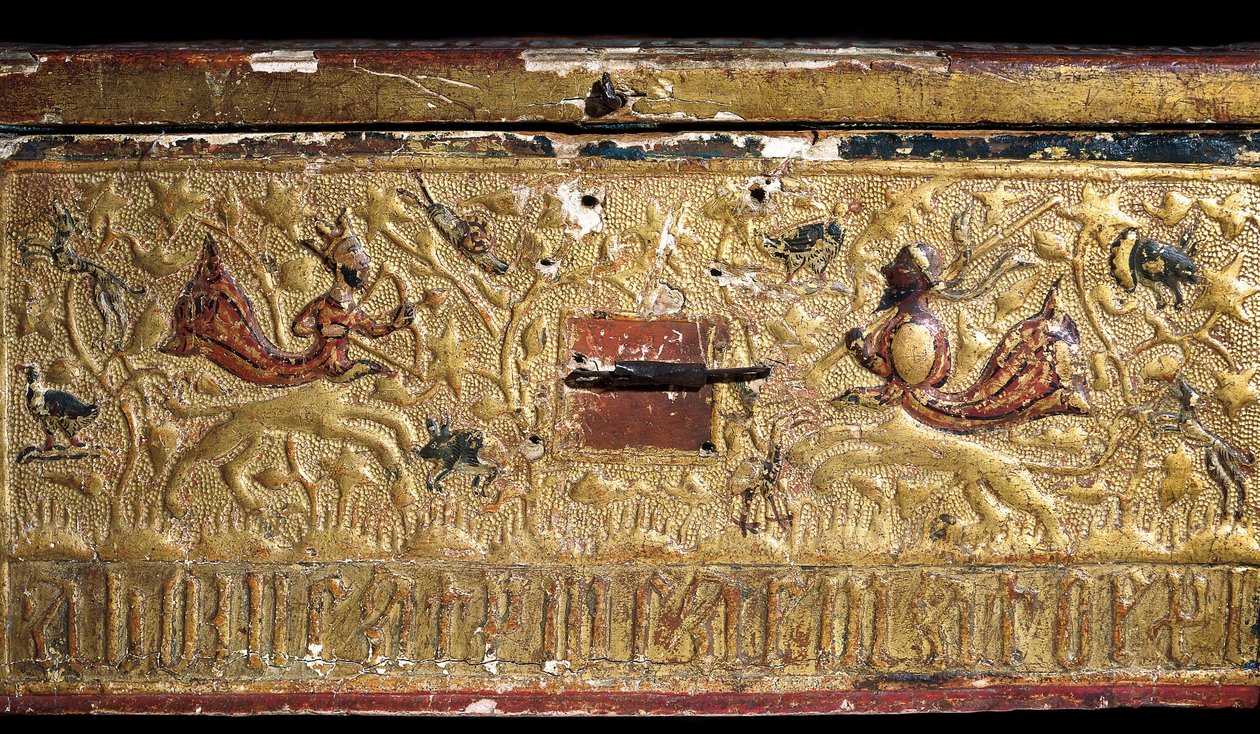 (detalle) de una caja de madera dorada que representa a un rey y un jefe sarraceno luchando entre sí, escuela catalana de Catalan School