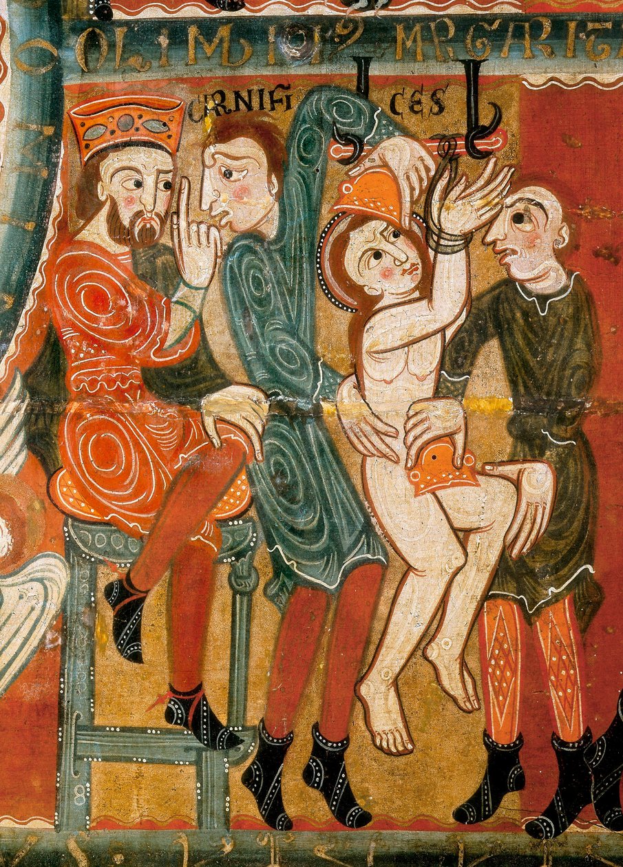 El martirio de Santa Margarita, la santa siendo torturada y luego decapitada (detalle) de Catalan School