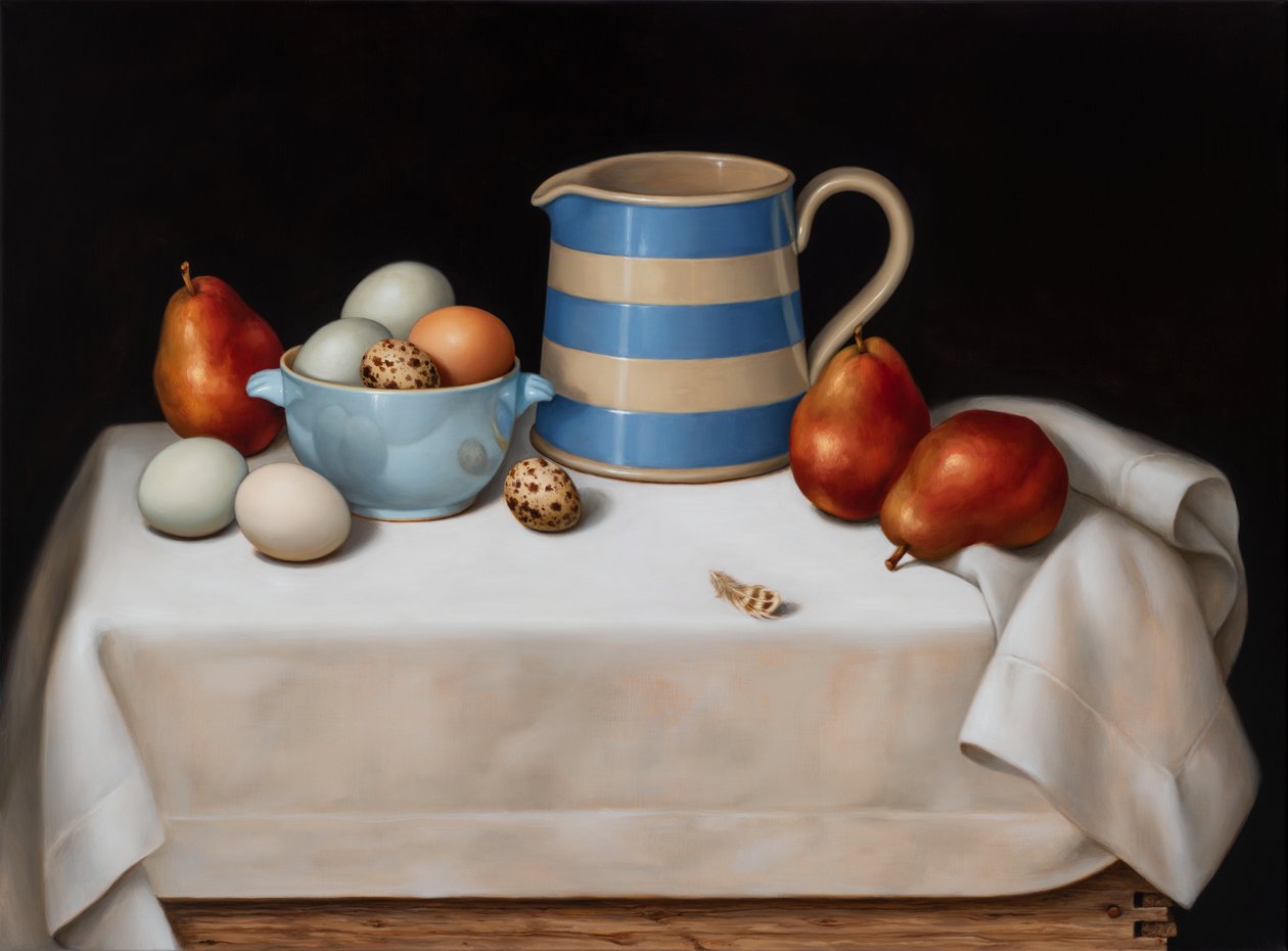 Naturaleza muerta con pluma de codorniz, 2019 (óleo sobre lino) de Catherine Abel