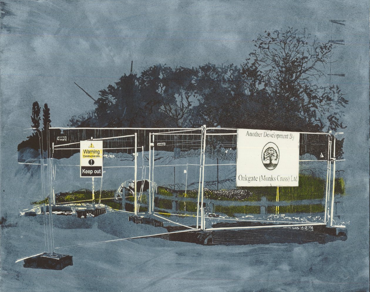 Un impacto en el paisaje, 2014 (linograbado y aguafuerte) de Catherine Sutcliffe Fuller