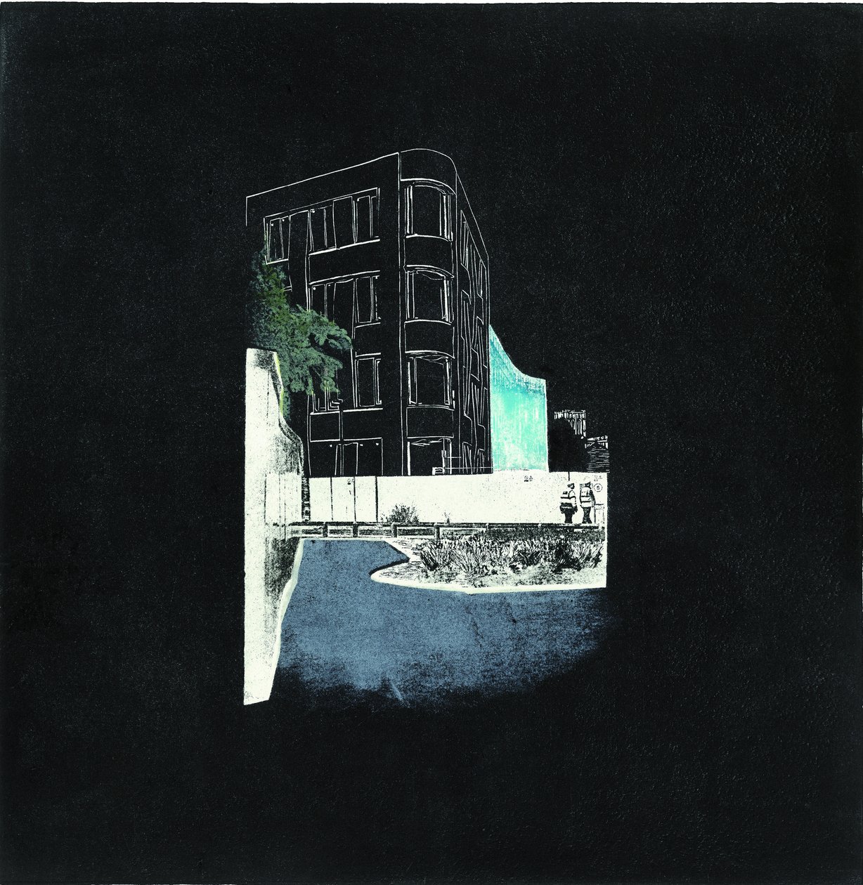 Talla y construcción para una ciudad en transición, 2016 (Linograbado y grabado por transferencia PCB) de Catherine Sutcliffe-Fuller