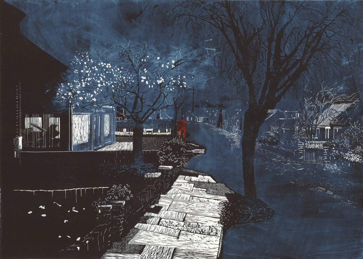 Sonido de la música en los suburbios, 2012 (linograbado y aguafuerte) de Catherine Sutcliffe Fuller