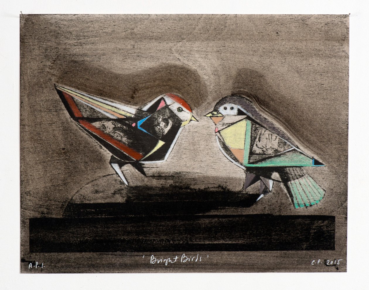 Bright Birds, 2014 (litografía mokulito coloreada a mano) de Cathie Pilkington