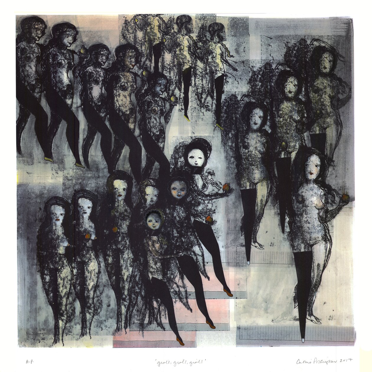 Niñas, niñas, niñas, 2017 (litografía coloreada a mano) de Cathie Pilkington