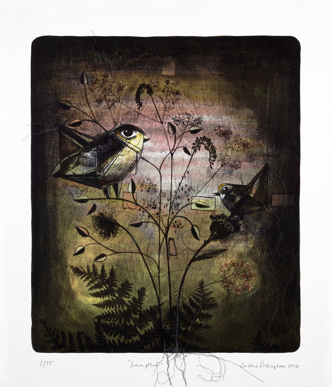 Sampler, 2016 (litografía mokulito coloreada a mano) de Cathie Pilkington