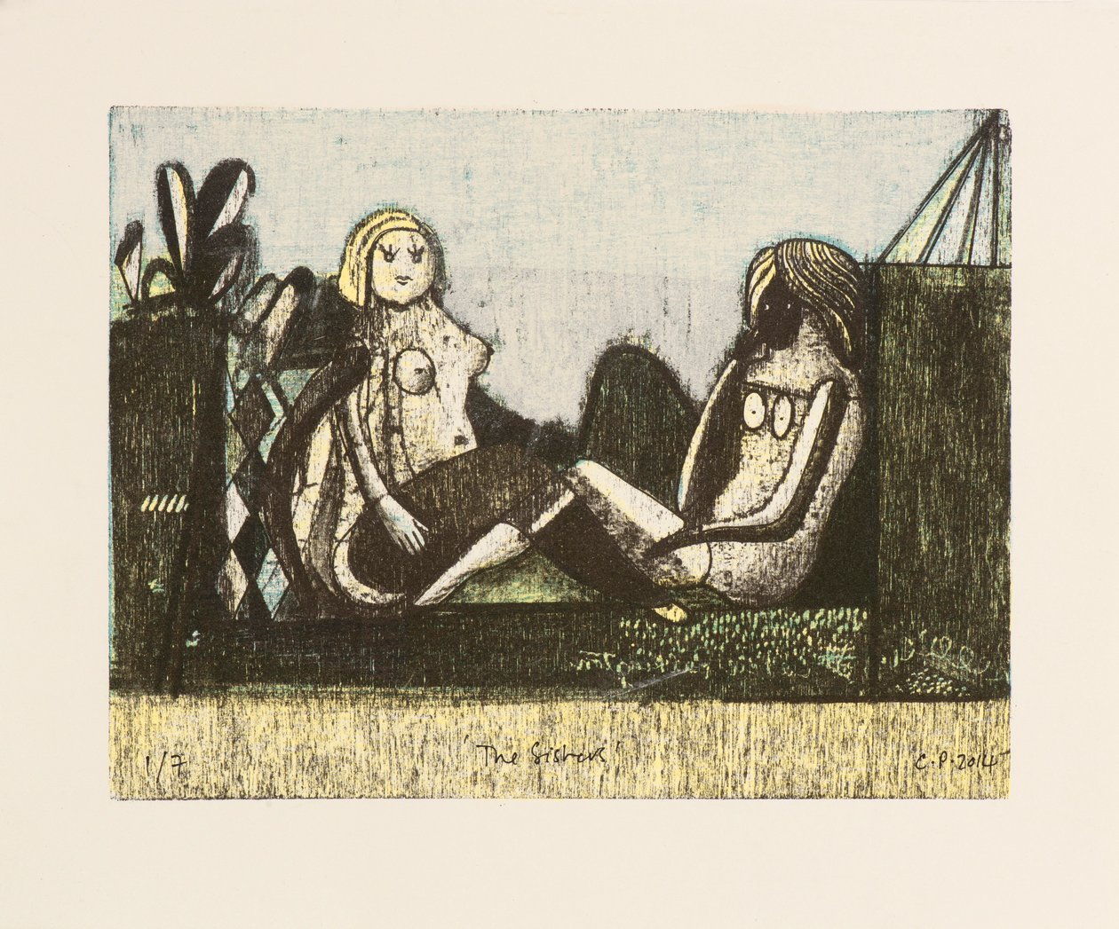 Las hermanas, 2014 (litografías mokulito coloreadas a mano) de Cathie Pilkington