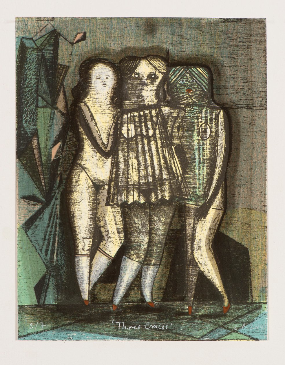 Tres Gracias, 2014 (litografía mokulito coloreada a mano) de Cathie Pilkington
