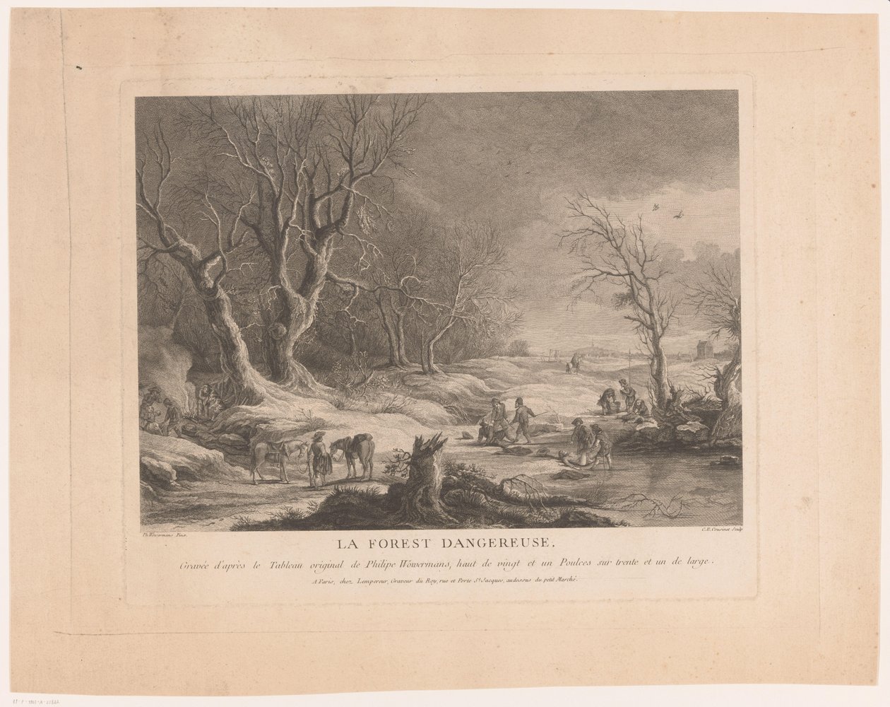Paisaje invernal con figuras atacadas. La forest dangereuse (título sobre objeto) de Cathérine Elise Cousinet