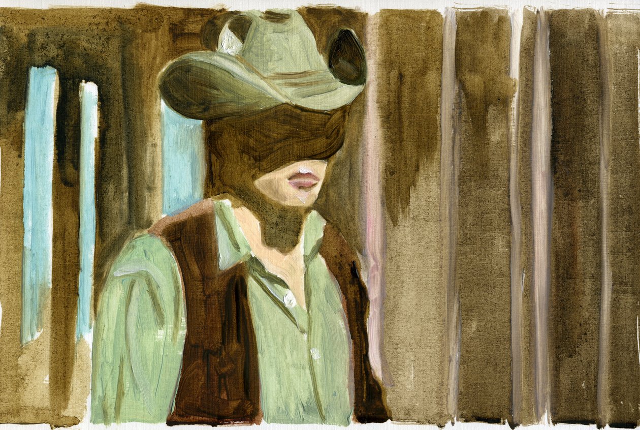 06.09.09 - Él estaba en casa cuando se enteró de que ella se había caído del caballo, 2009 (óleo sobre papel) de Cathy Lomax