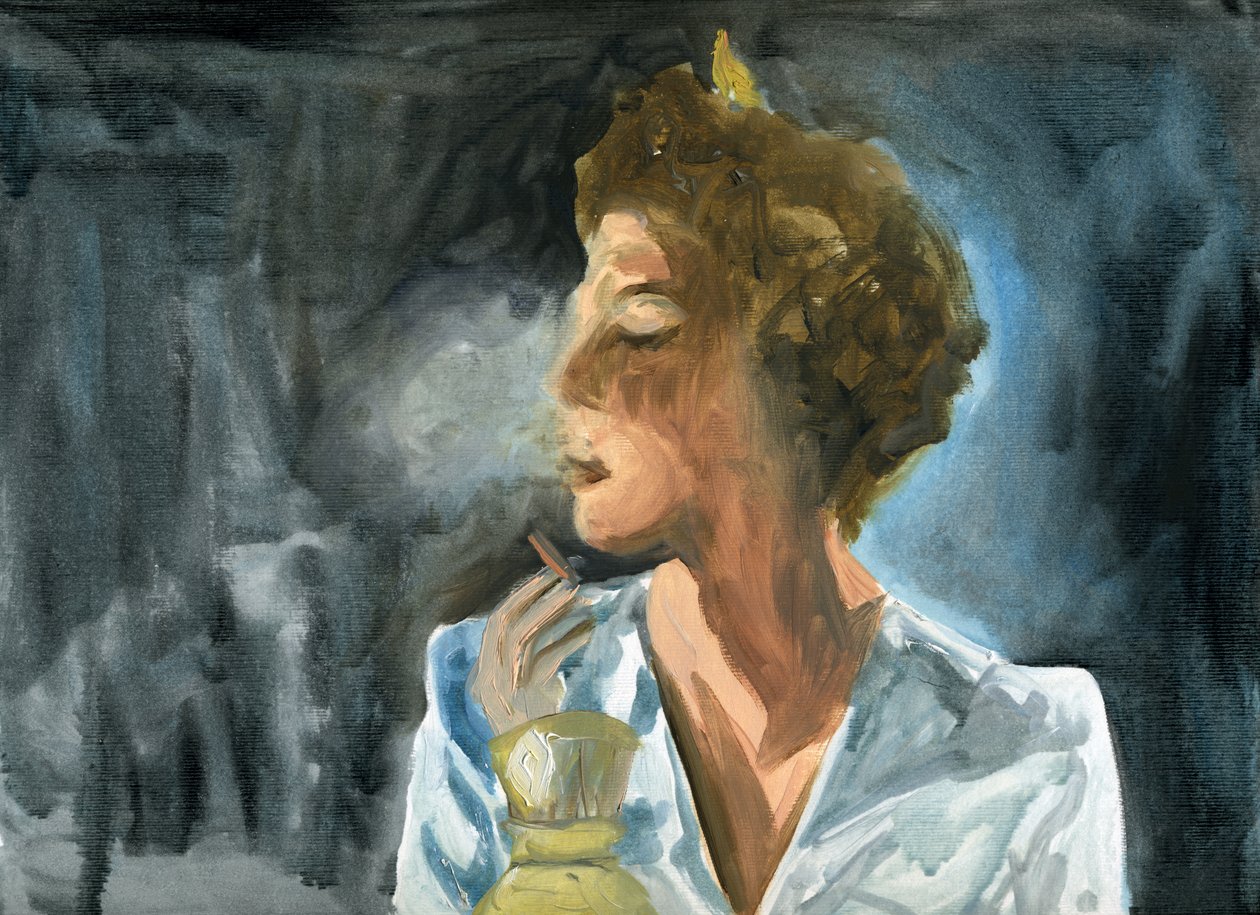 23.10.09 - Se fumó un último cigarrillo antes de acostarse, 2009 (óleo sobre papel) de Cathy Lomax