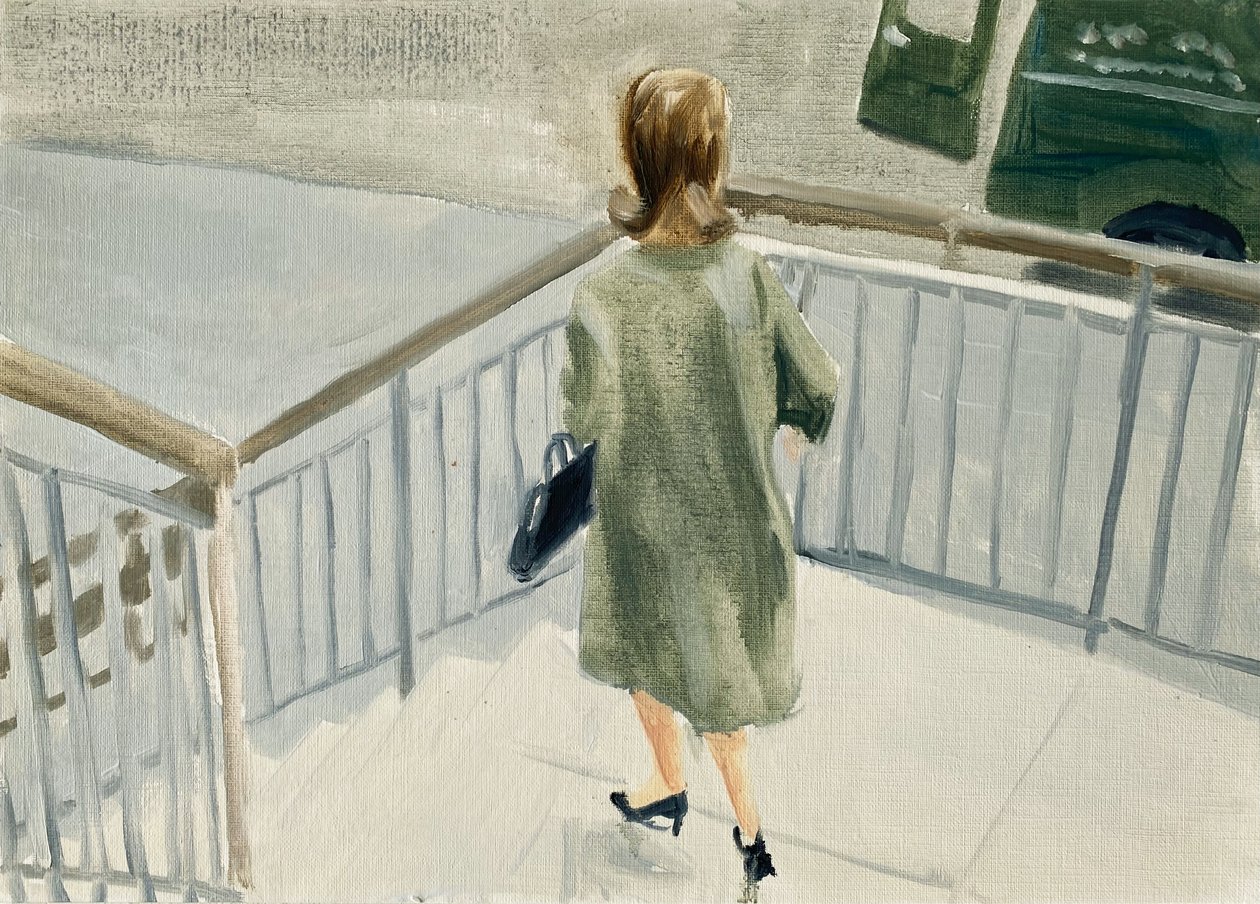 4.06.20 Estaban reunidos para ir al hotel, 2020 (óleo sobre papel) de Cathy Lomax