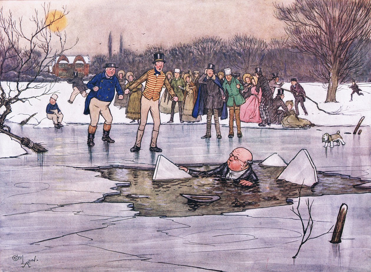 Un rostro, cabeza y hombros, emergió del agua y reveló las características y gafas del Sr. Pickwick de Cecil Charles Windsor Aldin
