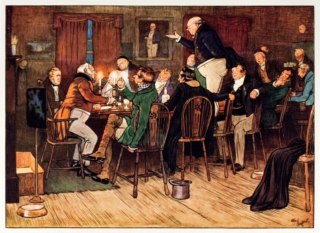 Frontispicio mostrando El Club Pickwick de Los papeles póstumos del Club Pickwick de Charles Dickens de Cecil Charles Windsor Aldin
