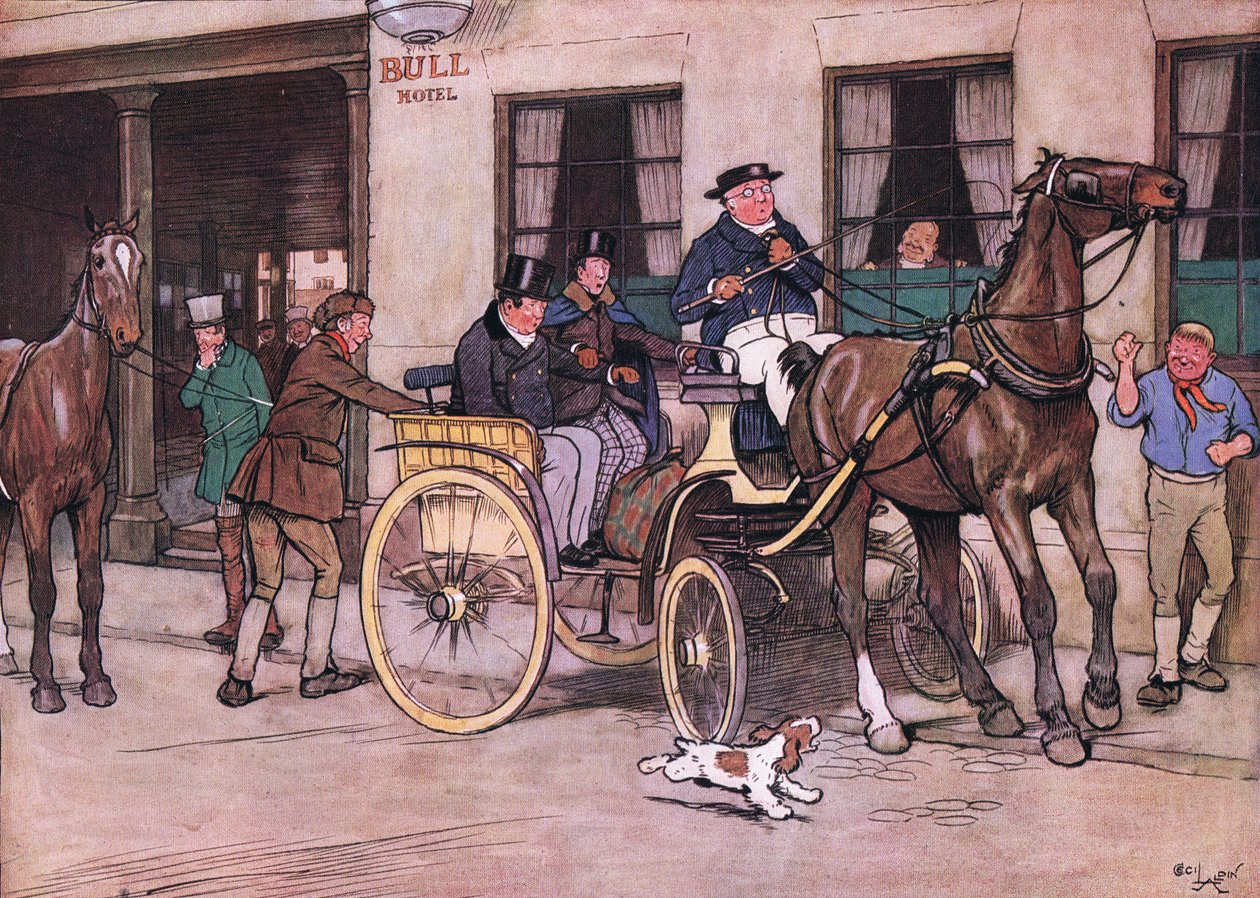 ¡Wo-o! gritó el Sr. Pickwick. ¡Wo-o! repitió el Sr. Tupman, y el Sr. Snodgrass desde el compartimiento de Cecil Charles Windsor Aldin