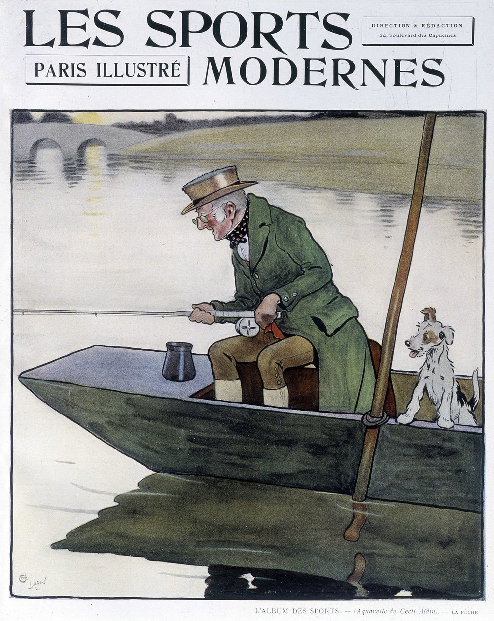 Pesca con caña - dibujo por C. Aldin en “Deportes Modernos” de Cecil Charles Windsor Aldin