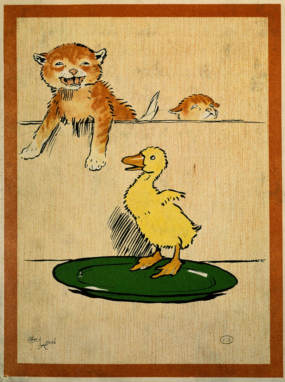 Gatos y pato. Dibujo de Cecil Aldin (1870-1935). París, Artes Decorativas de Cecil Charles Windsor Aldin