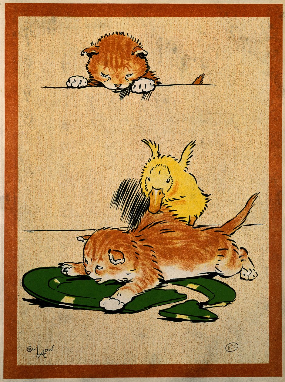 Gatos y pato. Dibujo de Cecil Aldin (1870-1935). París, Artes Decorativas de Cecil Charles Windsor Aldin
