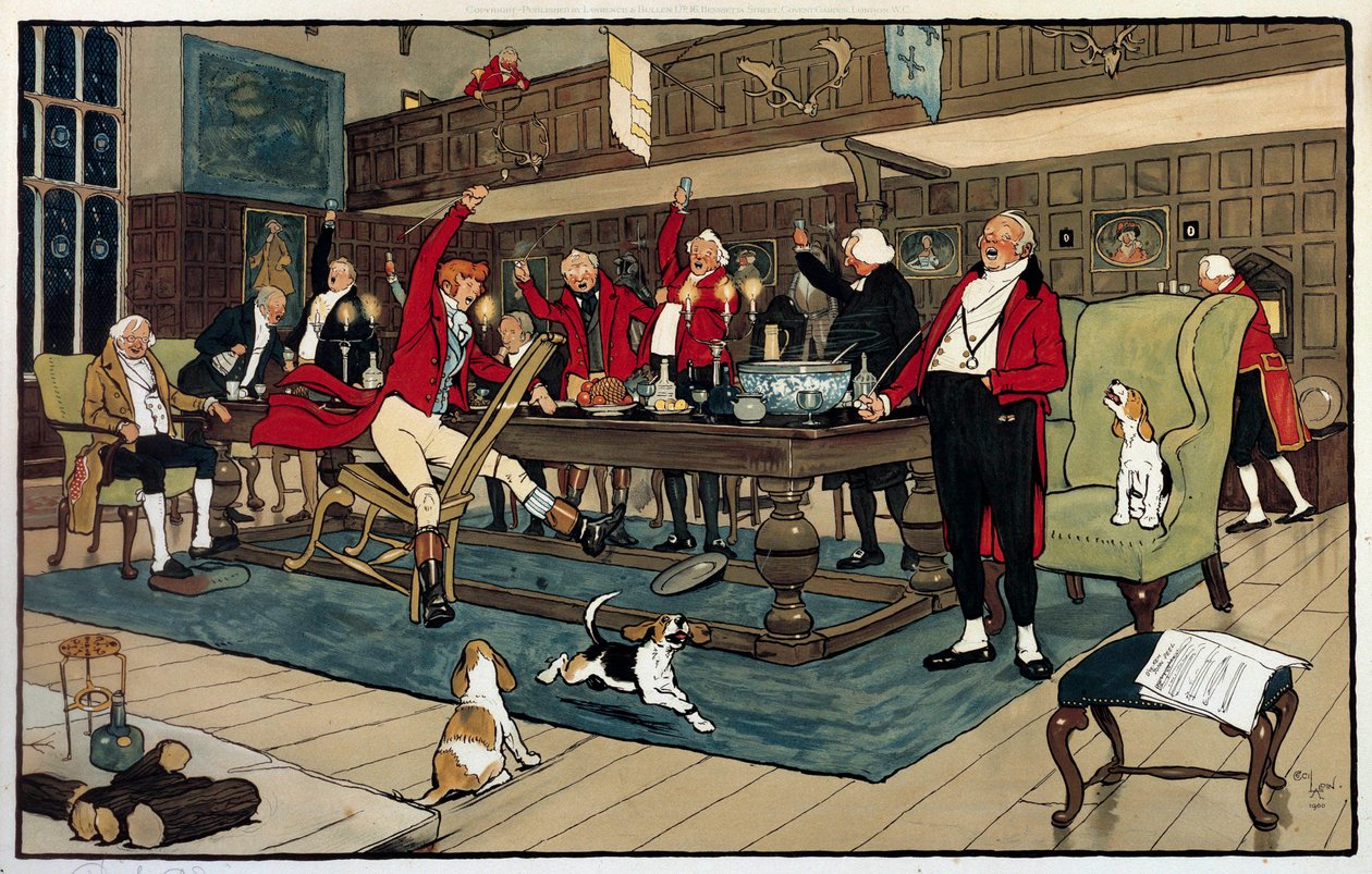 Desayuno del cazador. De vuelta de la caza, los cazadores cuentan sus hazañas. Grabado de Cecil Aldin (1870 -? ), Inglaterra. Colección Go. de Cecil Charles Windsor Aldin