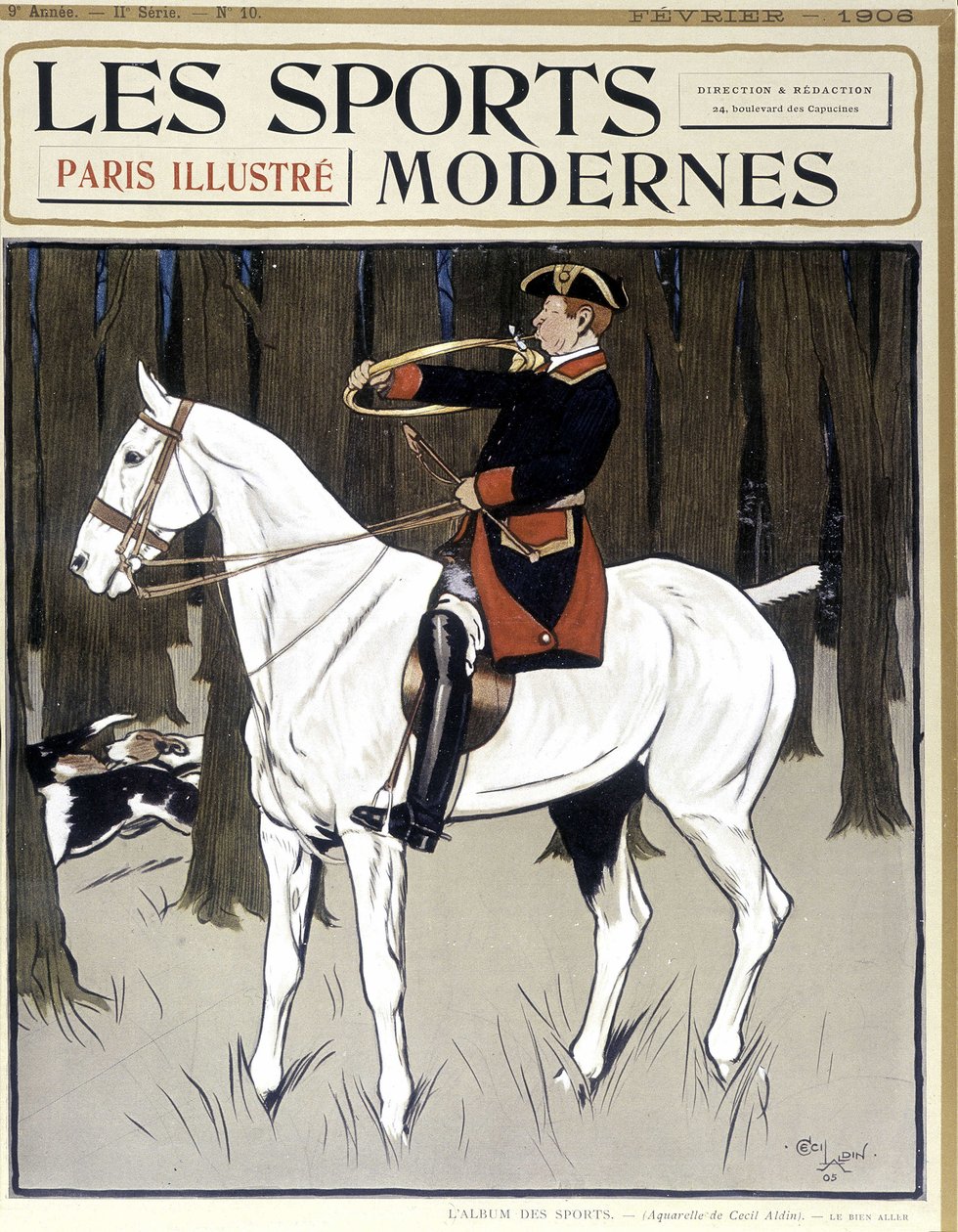 Caza (un hombre a caballo animando a los perros) Portada "Deportes Modernos" 02/1906 de Cecil Charles Windsor Aldin
