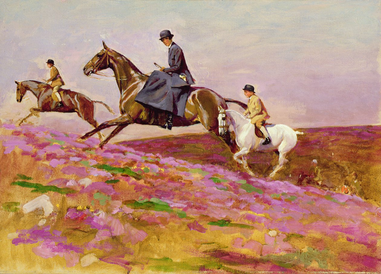 Lady Currie con sus hijos Bill y Hamish cazando en Exmoor de Cecil Charles Windsor Aldin