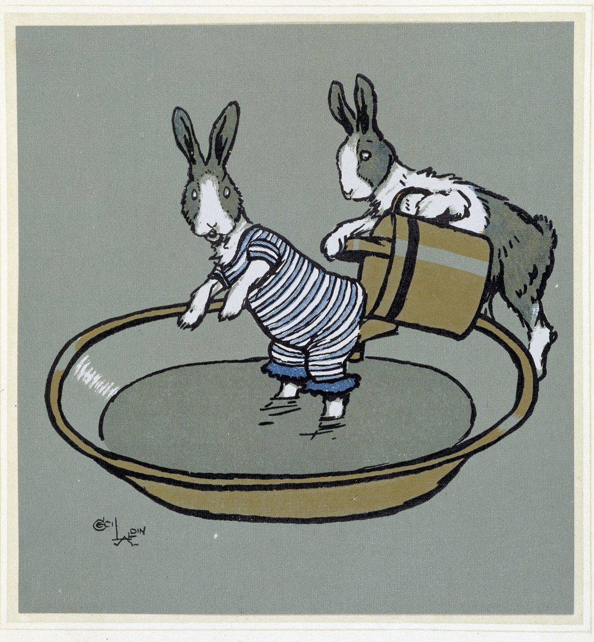 Conejos tomando un baño - en "Merry Party", ilustrado por Cecil Aldin, ed. Hodder & Stoughton, Londres de Cecil Charles Windsor Aldin