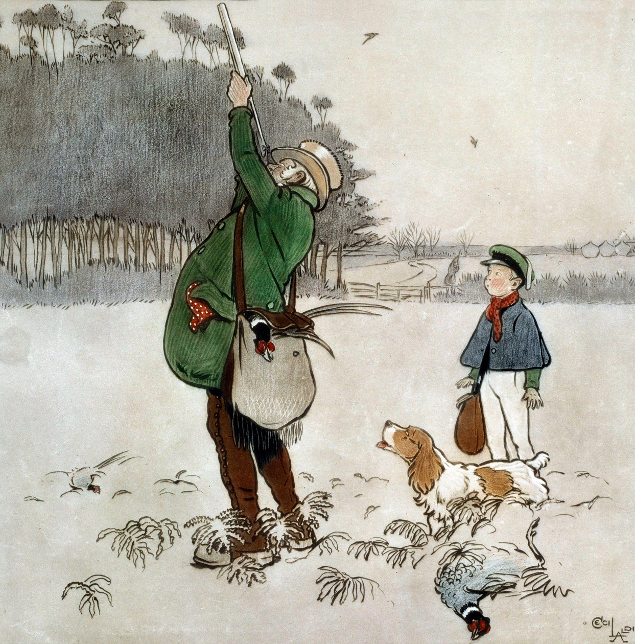 El cazador disparando a los patos. Acuarela de Cecil Aldin (1870-1935). Siglo XIX. Colección privada. de Cecil Charles Windsor Aldin