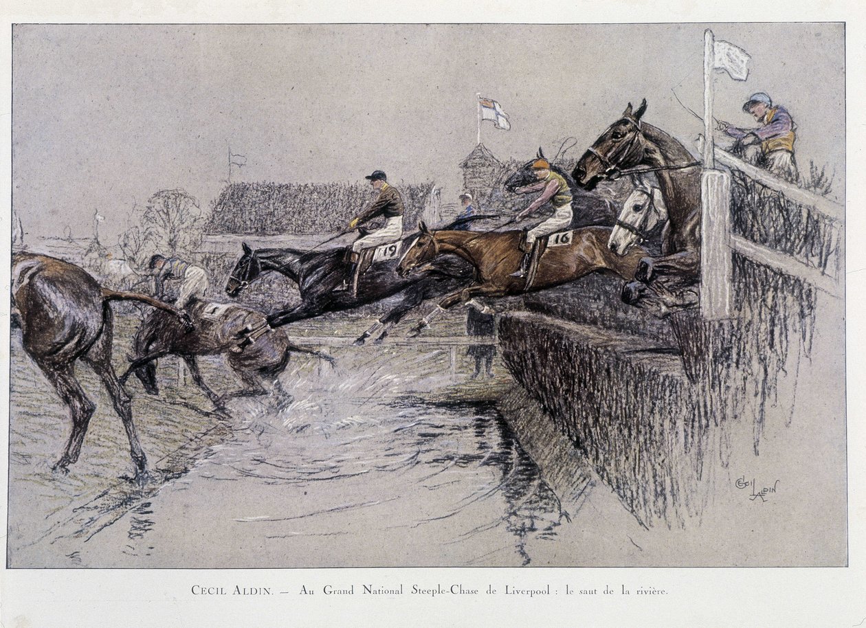 El Gran Steeple Chase Nacional en Liverpool: El salto del río - dibujo de Cecil Aldin de Cecil Charles Windsor Aldin