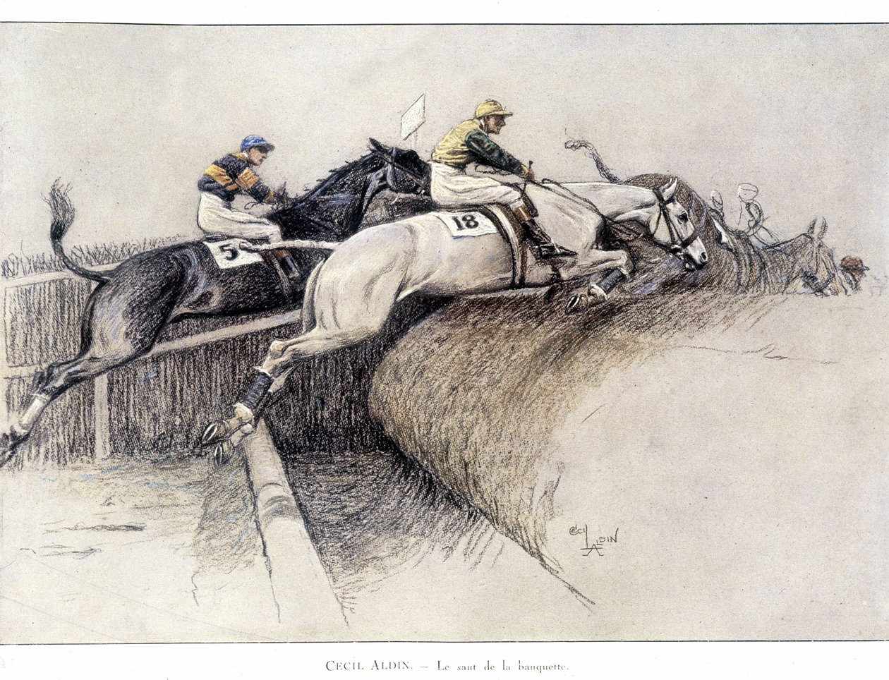 El Gran Steeplechase Nacional en Liverpool: el salto desde el banco - dibujo por Cecil Aldin de Cecil Charles Windsor Aldin