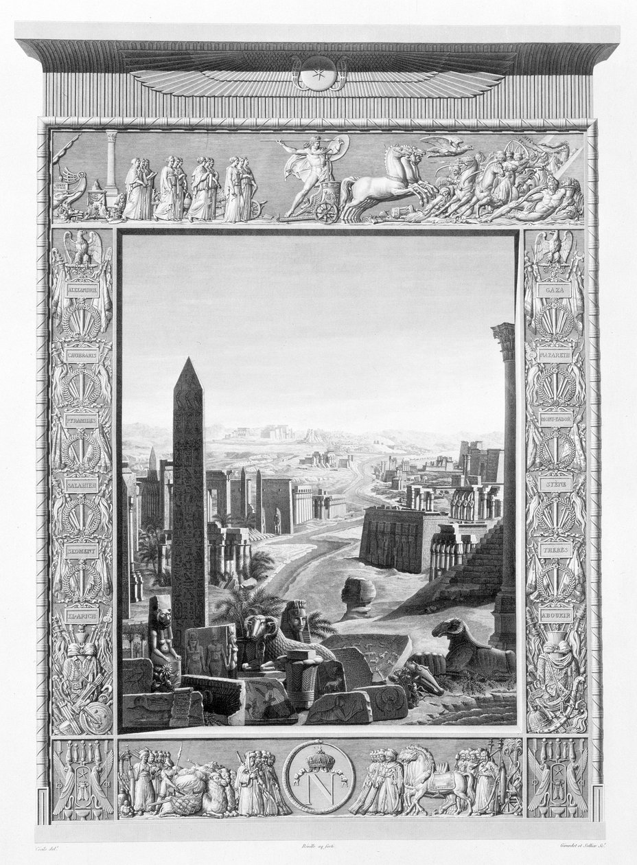 Frontispicio del Volumen 1 de la `Descripción de Egipto`, grabado por Girardet y Sellier, y publicado bajo las órdenes de Napoleón, 1822 de Cecile