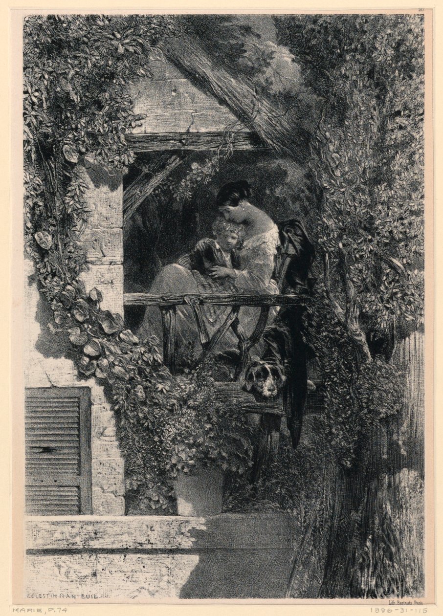 Madre e hijo en el balcón de Celestin Francois Nanteuil