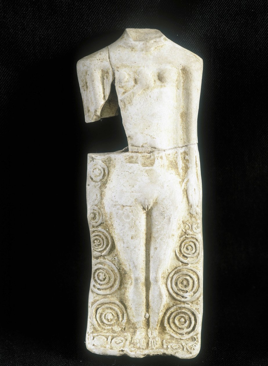 Mujer con tres senos. Estatuilla hecha por el alfarero celta "Rextuguenos", firma y rouelles (único alfarero armoricano conocido), para Laraire (lugar de oración en una villa romana) de Celtic
