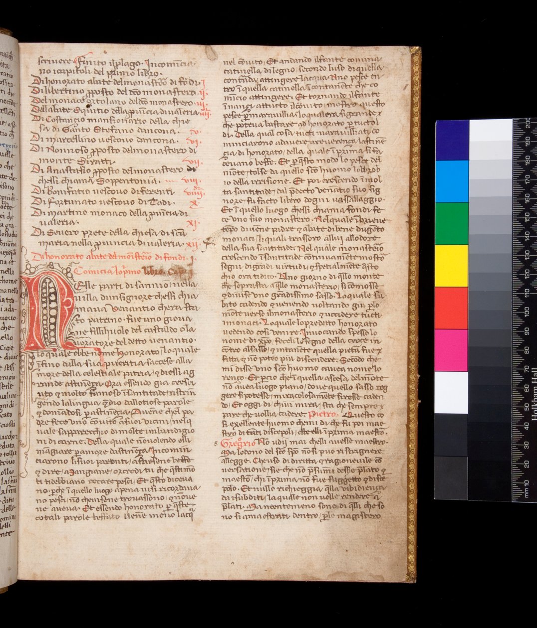 Gregorio Magno, Dialogi en traducción italiana de Domenico Cavalca, letra decorada [N] en tinta roja con adornos en tinta marrón de Central Italian School
