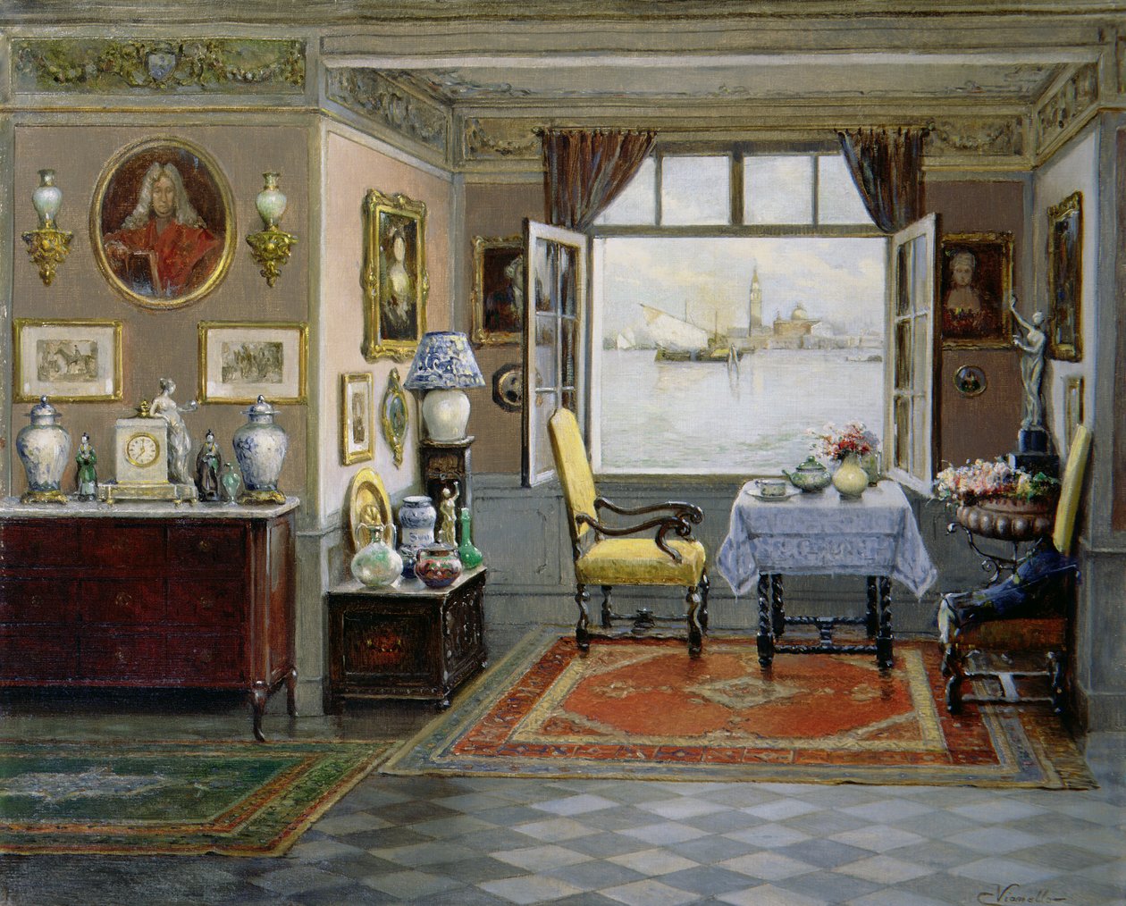 Un hogar veneciano con vista de San Giorgio Maggiore desde una ventana abierta, c.1900 de Cesare Vianello