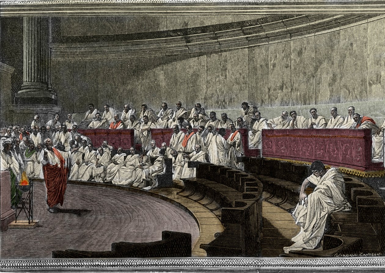 Cicerón denuncia al conspirador Catilina (Lucius Sergius Catilina) (108-62 a.C.) el 8 de noviembre de 63 a.C. La escena se desarrolla en Roma en el Senado, grabado después del fresco realizado entre 1882 y 1888 por Cesare Maccari (1840-1919). Roma Palazzo  de Cesare (after) Maccari