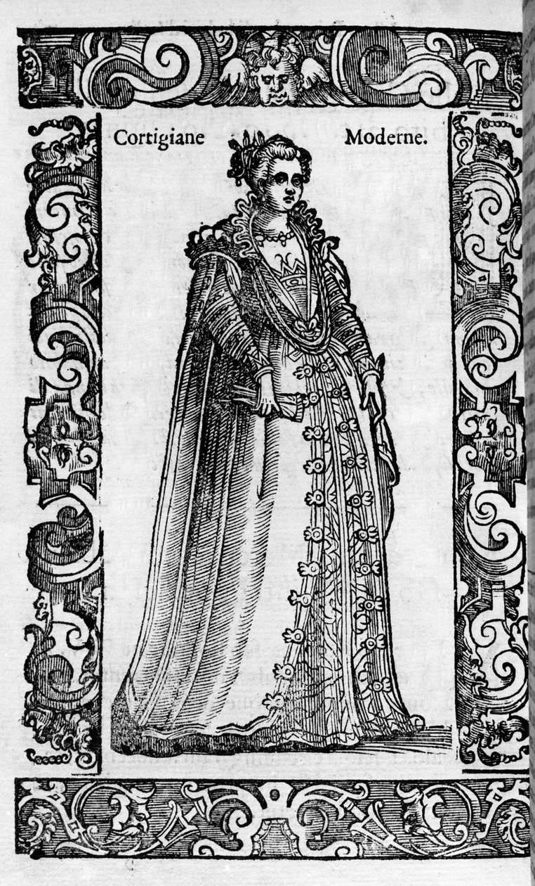 Renacimiento: una cortesana romana en el siglo XVI. Grabado de “Trajes Modernos y Antiguos” de Cesare Vecellio de Cesare (attr. to) Vecellio